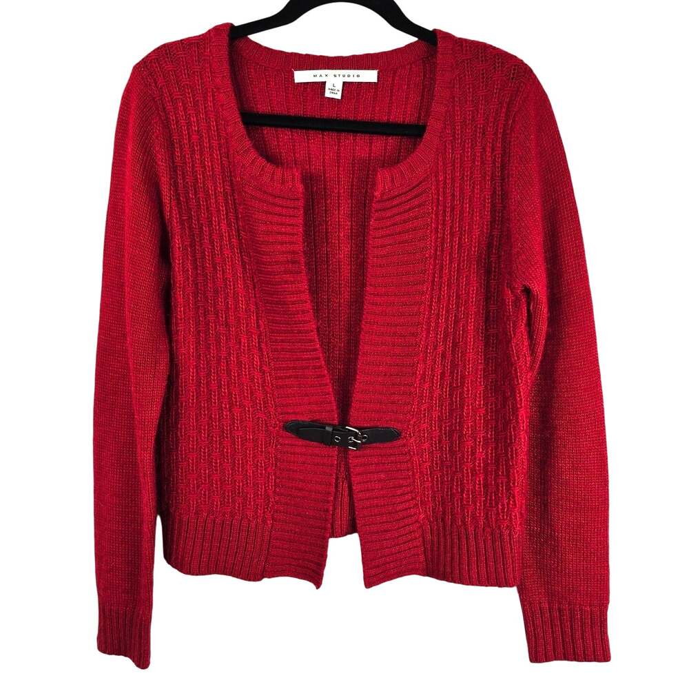 Max Studio Alpaca Wool Blend Cardigan Women's L Red Textured Festive Season